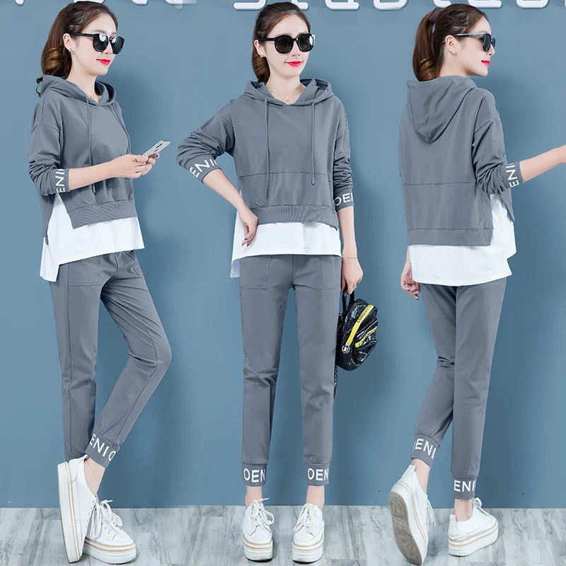 Large size women's hooded sweatshirt+ elastic waist casual pants autumn new loose sports suit sweatshirt two-piece suit - Цвет: gray