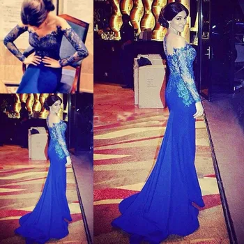 

2020 vestido longo Mermaid Blue lace Chiffon Long Formal Evening prom gown With Sleeves Appliques Mother of the Bride Dresses