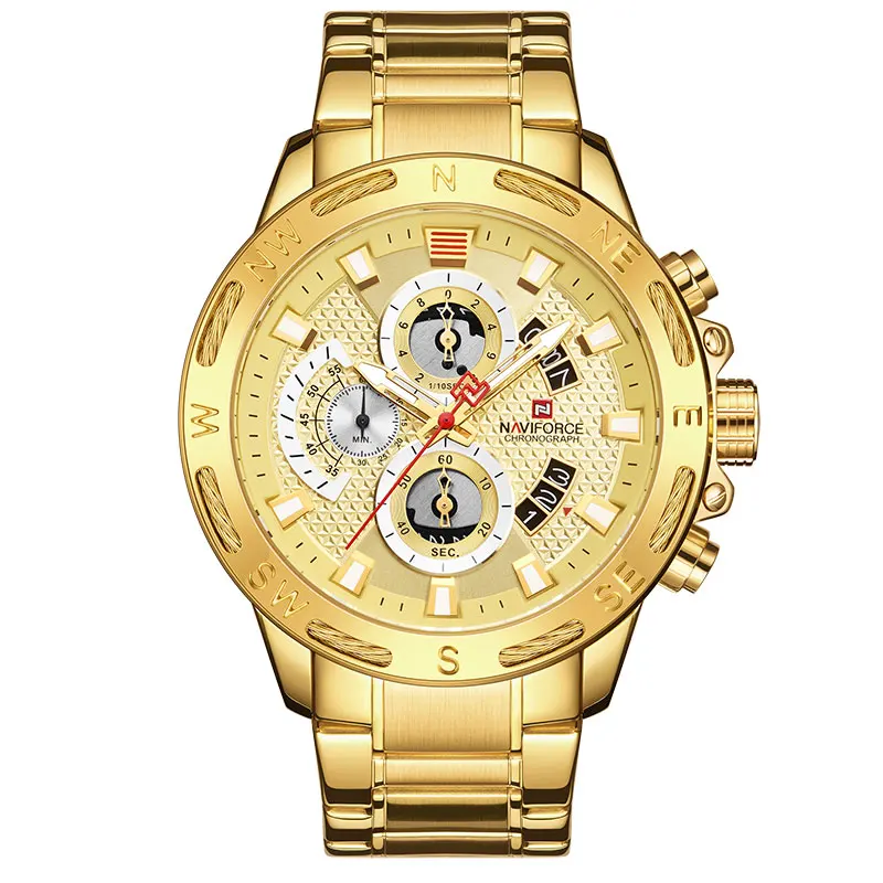Gold Gold NAVIFORCE часы мужские спортивные Бизнес наручные часы брендовые Роскошные военные кварцевые мужские часы из нержавеющей стали 9165 Relogio Masculino - Цвет: Gold Gold