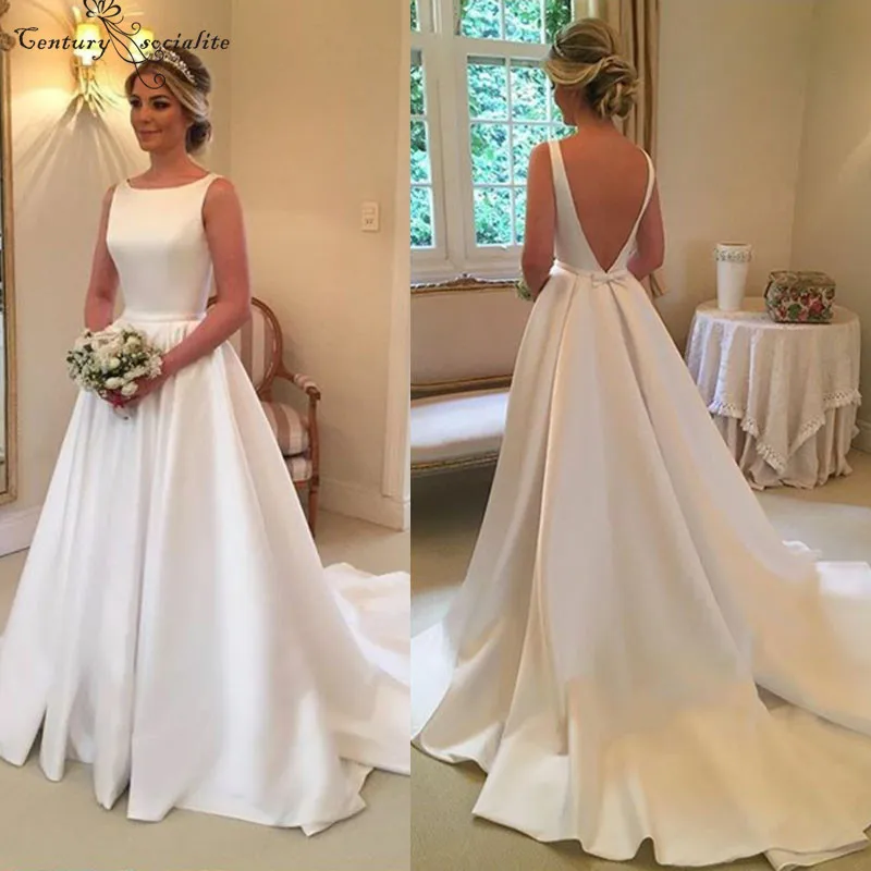 

Vestido De Noiva Simples Wedding Dresses 2020 A-Line Open Back Sweep Train Bow Satin Bridal Gowns Bride Dress Plus Size Cheap