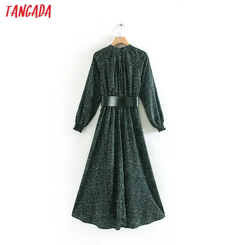 Tangada, модное женское платье в зеленый горошек с поясом, стоячий воротник, длинный рукав, женское свободное платье миди, Vestidos XN16