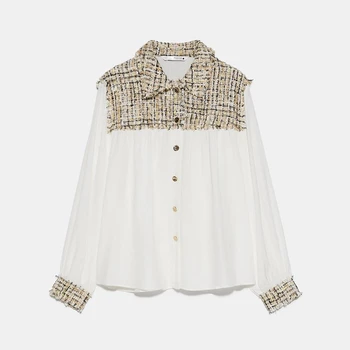 

2020 Spring Summer New Korean Fashion Clothes Tweed Spliced White Shirt Button Long Sleeve Chiffon Womens Tops and Blouses