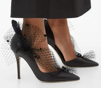 

Moraima Snc Mesh Grid Butterfly-knot Decorations High heel Shoes Black Leather Pointed Toe party Dress heels Thin Heels Pumps