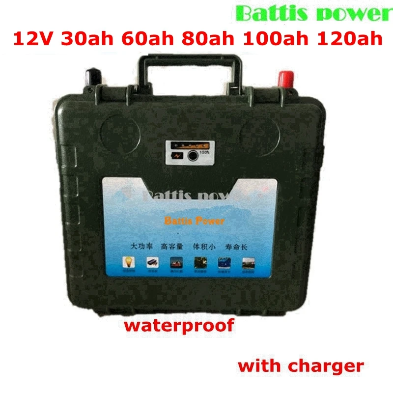 Army green waterproof case 12V 30Ah 60Ah 80Ah 100Ah 120Ah lithium battery pack for Outdoor portable power supply+charger