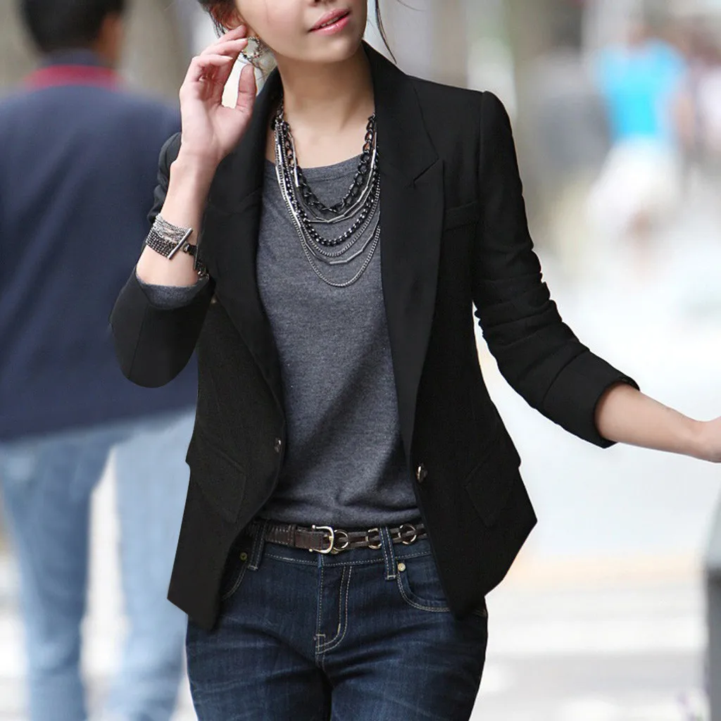 

2019 Spring Autumn Slim Fit Women Formal Jackets Office Work Open Front Notched Ladies Blazer Coat Hot Sale Fashion#J30