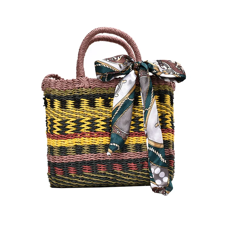 

Hot Women Summer Beach Bag Rattan Woven Handmade Knitted Straw Large Capacity Totes Colorful Ladies Shoulder Bag Bohemia 2020New