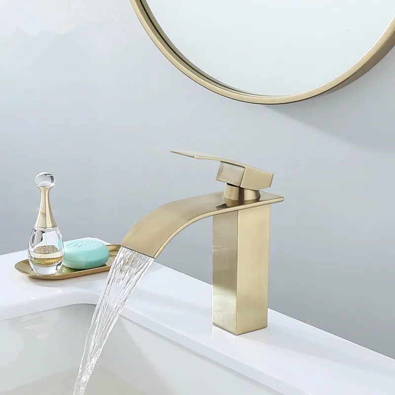 Bathroom Faucet Solid Brass Brushed Gold Bathroom Basin Faucet Cold And Hot Water Mixer Sink Tap Single Handle Deck Mounted Tap