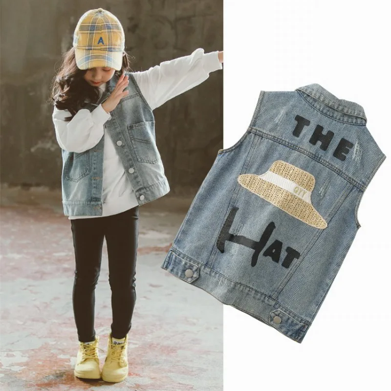 Синий Hot Sale Square Collar Letter Denim Vest For Girls Blue Korean Fashion Girls Outerwear Jean Vest For Kids Clothes 4 To 12T - Цвет: Синий