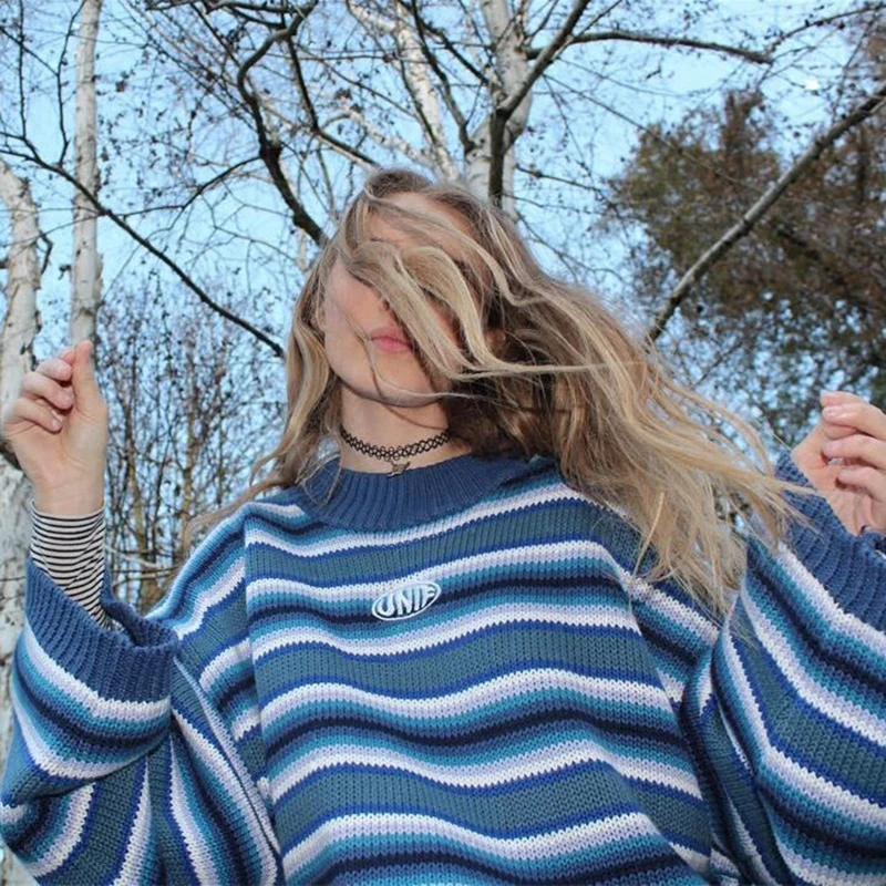 2020 spring new sweater women's top classic blue Vintage stripe wide sleeve embroidery round neck | Женская одежда