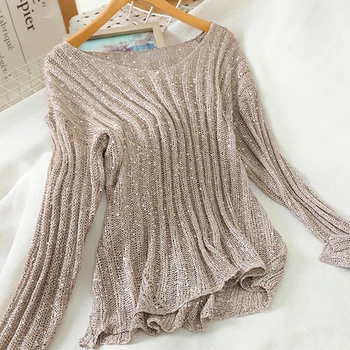 

Thin Pullover Sweater Women's 2020 New Spring V-neck Long-Sleeve Loose-Fit Sequin Flashing Knitted Shirt Hollow Out Thin Tops