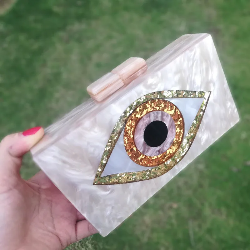 Pearl Champagne Nude Sand Color Acrylic Evil Eye Patchwork Women Brand Evening Small Mini Flap Shell PVC Box Clutches Purse Bags