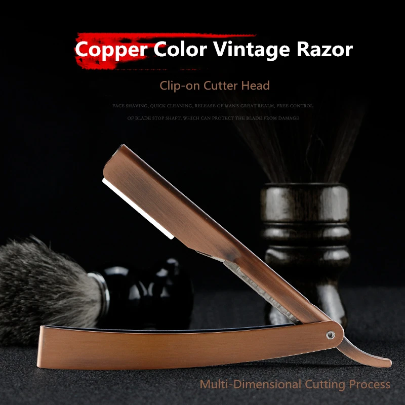 

2020 Men Copper Color Folding Razor Stainless Steel Shaving Hairdressing Knife Retro Manual Straight Razor Barber Tools G0612