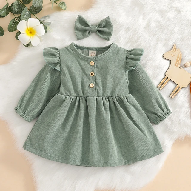 Robe de couleur unie pour bébé fille de 6 à 4 ans, à manches longues, col