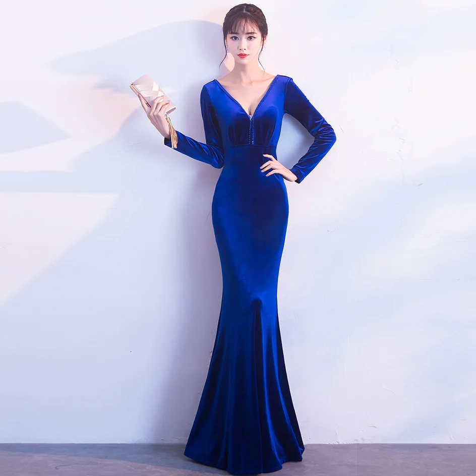 Модное красное вино Cheongsam современный Qipao бархатные Длинные вечерние платья в китайском стиле женские платья в восточном стиле китайский халат костюм - Цвет: sapphire blue