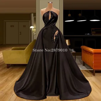 

Turkish 2020 Black Elegant Mermaid Evening Dress Floor-Length Applique Beaded Robe De Soiree Aibye Prom Dress Vestido de festa