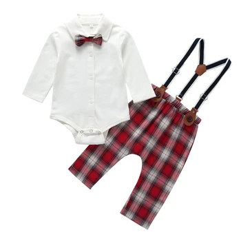 

Christmas infant baby boys long sleeve formal bow bodysuits bid plaid pants newborn gentleman clothing clothes set 2pcs 3-24M