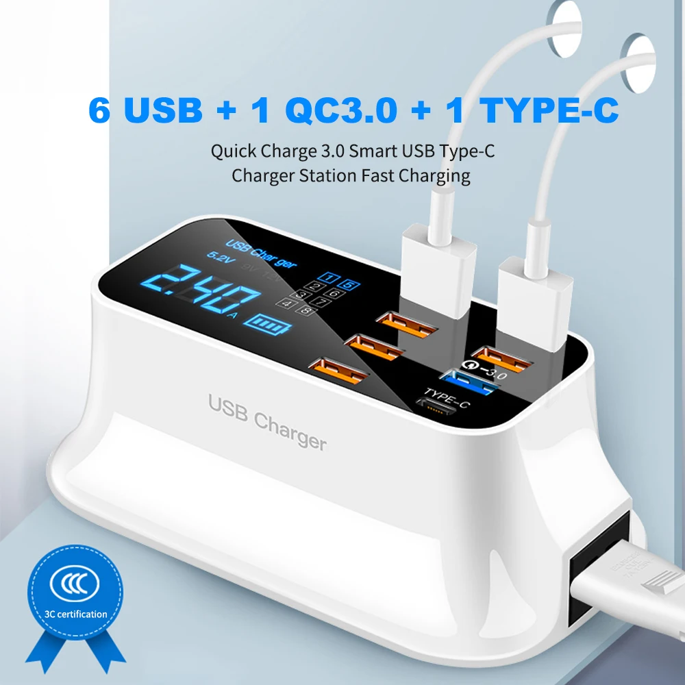 US $21.26 Quick Charge 30 Smart USB Type C Charger Phone USB Charger Fast Charging Desktop Socket Adapter Station Led Display For Iphone