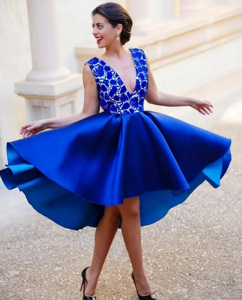 Кружевное платье с глубоким v-образным вырезом Бальные платья Высокая Низкая стильная v-образный вырез на спине, платья на выпускной для девушек
