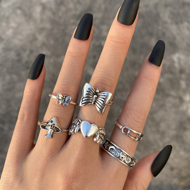 Silver Plated Angel Wings Ring for Womens Gothic Punk Steampunk Heart Butterfly Skull Ring Sets Party Jewelry 2021