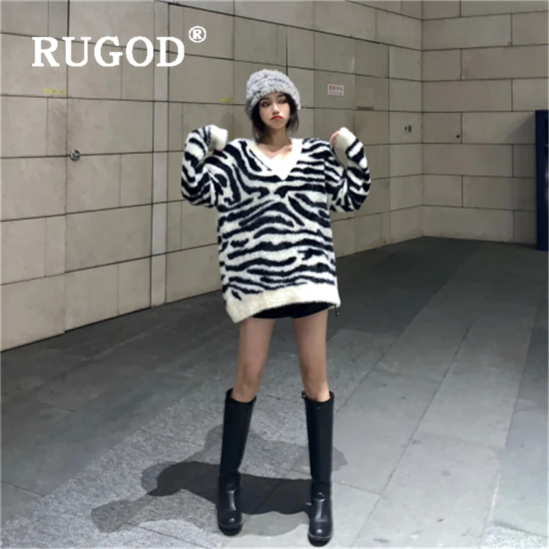 RUGOD, винтажный вязаный женский свитер, модный, ins, длинный рукав, в полоску, зимний, теплый, пуловер, женский, повседневный стиль, свободный, негабаритный, одежда