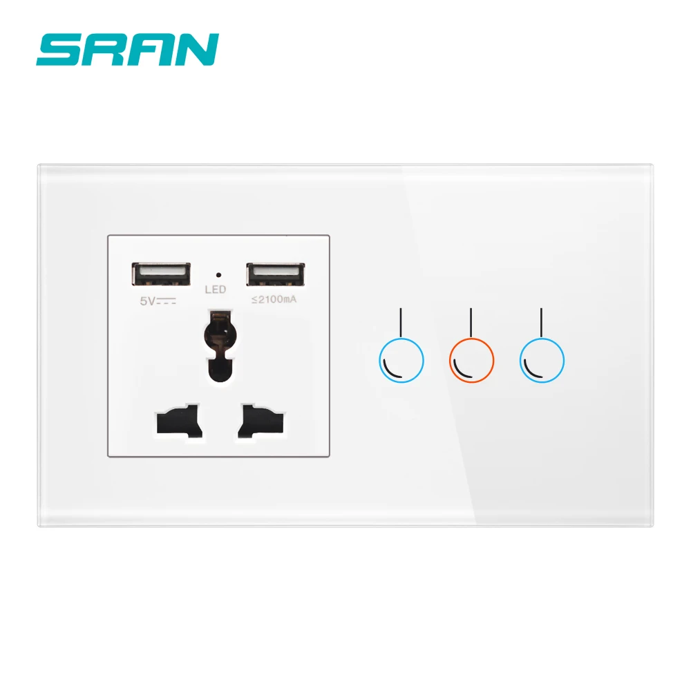 SRAN настенная розетка с USB, сенсорный выключатель 2 банды 1 способ Кристалл Закаленное стекло панель 146*86 мм Бытовая универсальная розетка 5 в 2.1A