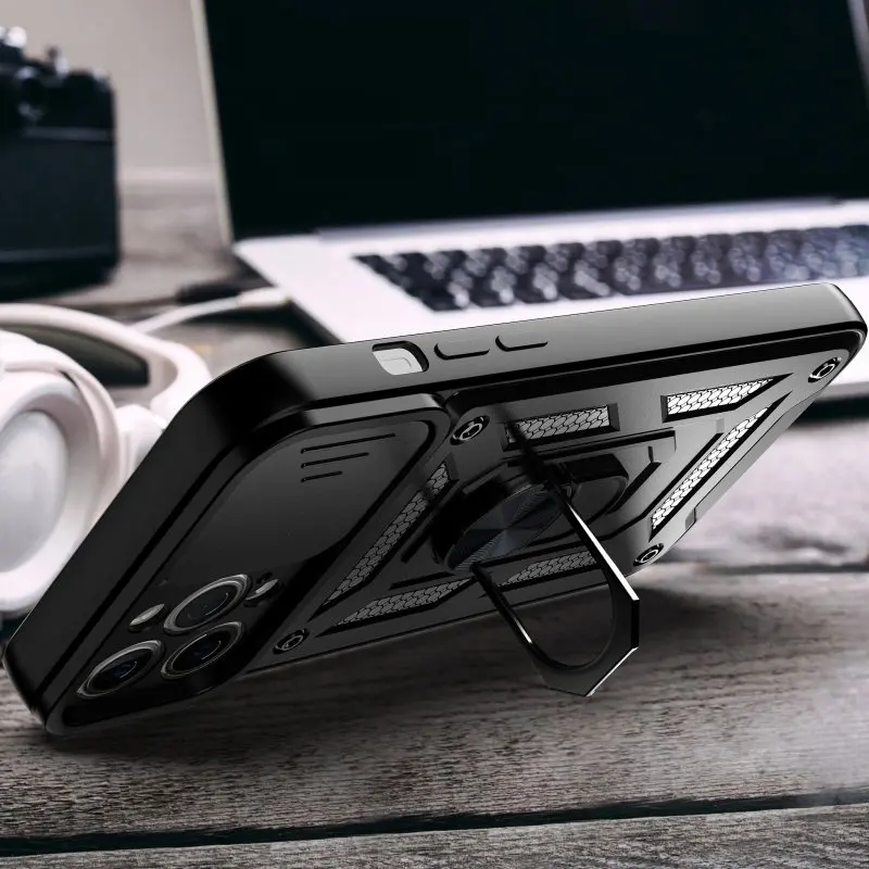 Sliding Window Shockproof Phone Case with Magnetic Ring Stand and Full Camera Protection