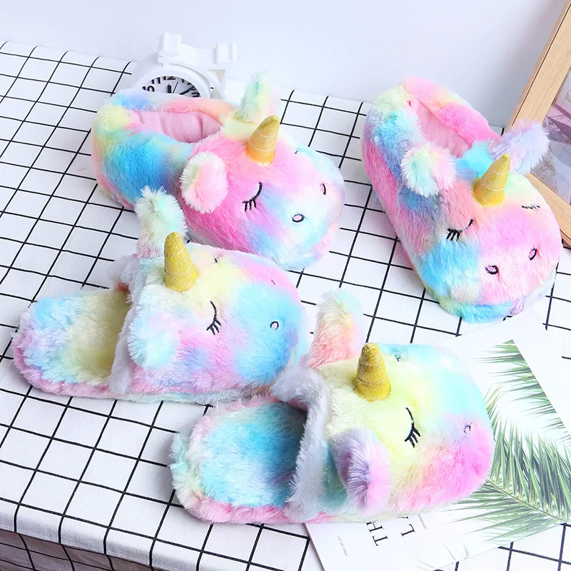 FAYUEKEY Cartoon Rainbow Unicorn Slippers Women Girls Winter Plush Warm Home Slippers Indoor Shoes Cotton Women Unicorn Shoes