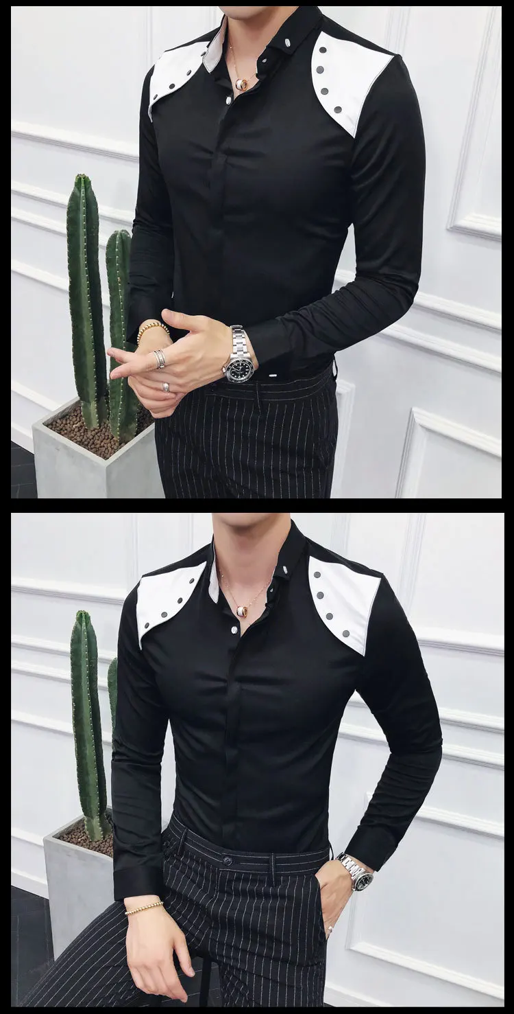 Контрастная черно-белая Лоскутная рубашка для мужчин camisa social masculina Корейская мужская одежда новые осенние повседневные мужские рубашки slim fit