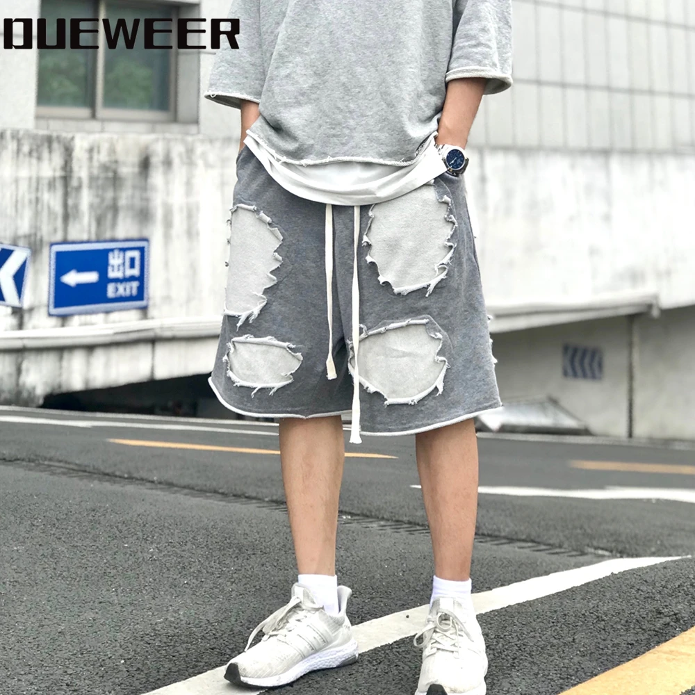 Dueweer Men Casual Shorts Kanye Distressed Drop-crotch Harajuku Oversized Knee Length Hip Hop Pants Sweatpants Streetwear | Мужская
