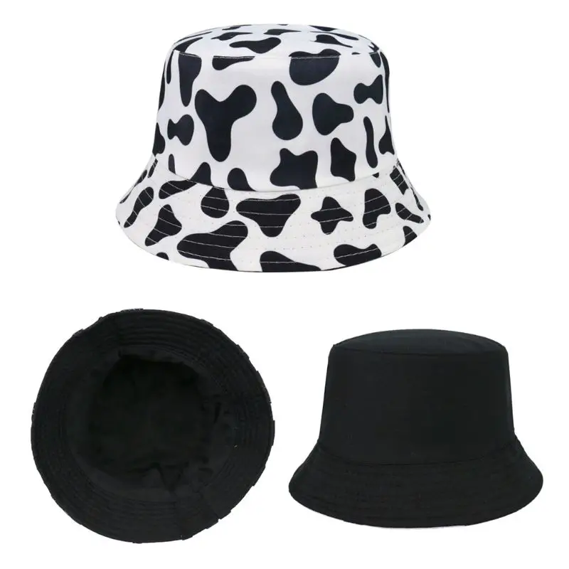 Unisex Summer Bucket Hat Black White Dairy Cow Outdoor Reversible Fisherman Cap PXPB