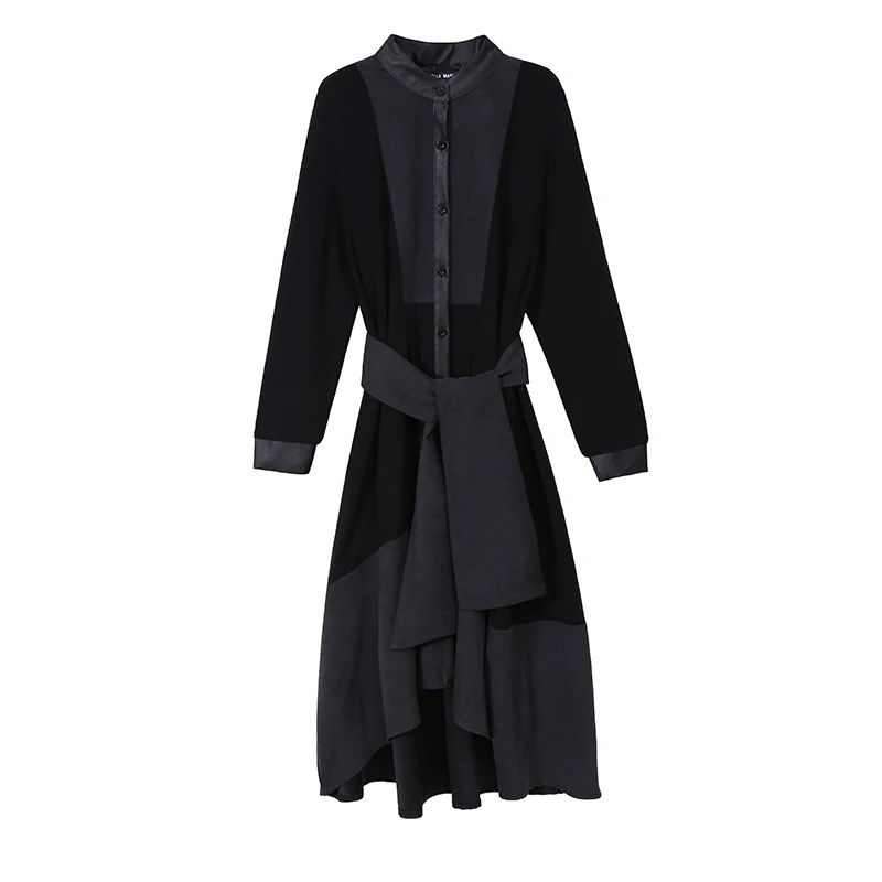 Новинка, Европейская мода, длинный рукав, Женское зимнее черное платье-рубашка с поясом, пэчворк, женские стильные вечерние платья, халат 5743 - Цвет: Black 5743