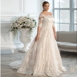 Ivory Off-The-Shoulder Boat Neck Wedding Dresses A-Line свадебное платье Court Train Short Bridal Gowns Applique Floor-Length