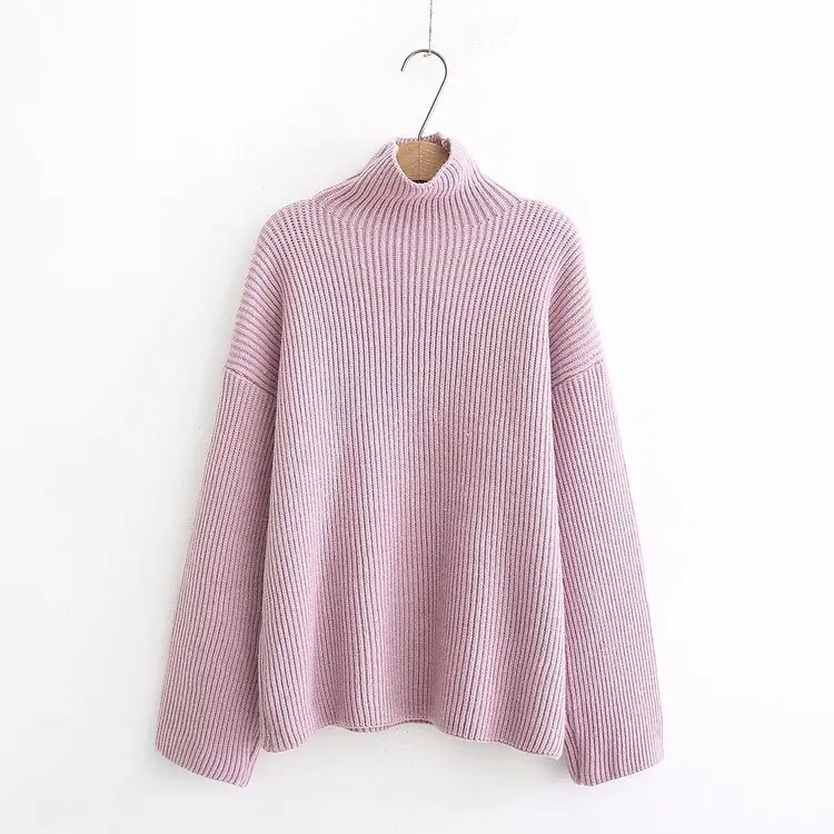 

Autumn And Winter New Style Korean-style Solid Color Dark Stripes Knitted Loose-Fit Slimming High Collar Bat Sleeve Sweater Base