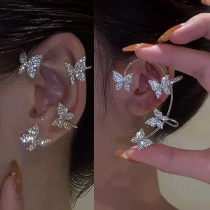 Золотые и серебряные металлические клипсы-бабочки для ушей без пирсинга для женщин, сверкающие циркониевые клипсы для ушей, серьги-каффы, свадебные украшения