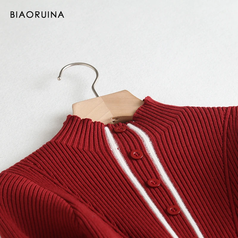BIAORUINA, женское платье трапециевидной формы в Корейском стиле, модное, с высоким воротом, вязаное, с высокой талией, в клетку, Vestidos, до колена, для зимы
