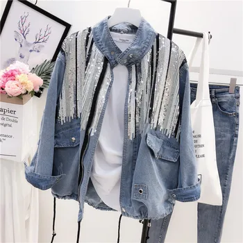 

OUSHANG 2020 Sequins Denim Jacket Women Bomber Jacket Fashion Long Sleeves Coats Vintage Hippie Jeans Jacket Colete