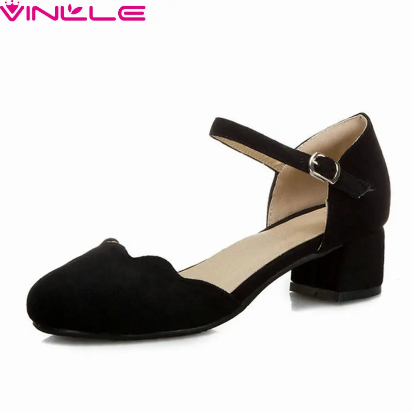 

VINLLE 2020 Flock Round Toe Spring Summer All Match Ladies Shoes Square Middle Heel Hollow Buckle Fashion Women Pumps Size 34-43