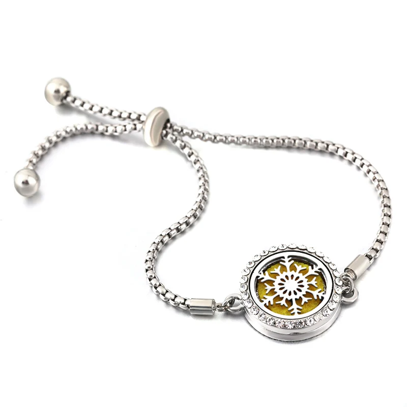 

New Zircon Snowflake Bangle Essential Oil Diffusing Perfume Locket Adjustable Cross Chain Aroma Bracelet Women Romantic Jewelry
