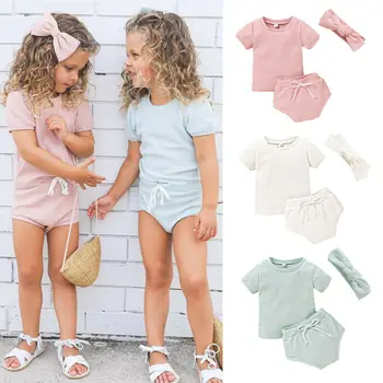 

2020 Summer 3PCS Toddler Newborn Toddler Baby Girl Clothes Short Sleeve T-shirt Top Pants Shorts Cotton Tracksuit Outfit