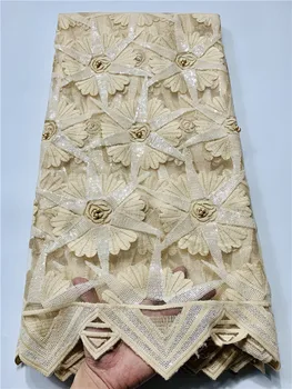 

Latest gold Embroidered African Guipure French Lace Fabric With Beads sequin African French Net Lace FYIN313
