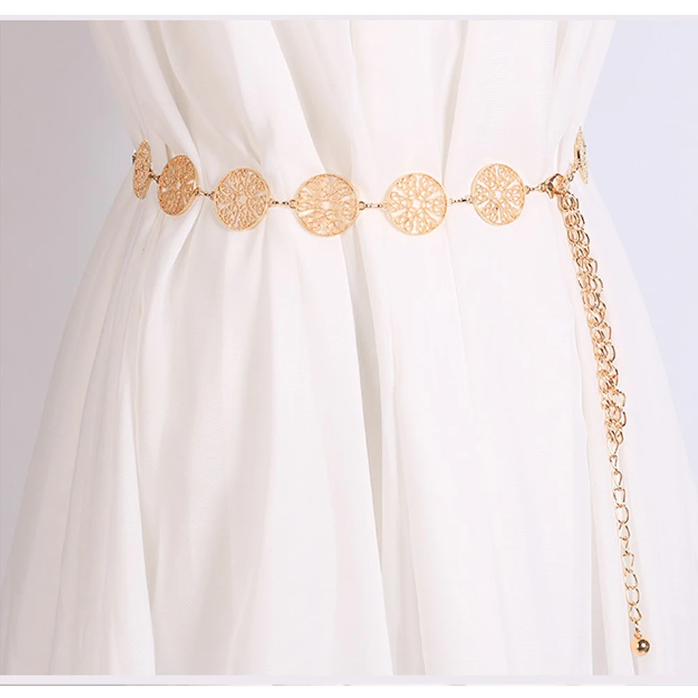 Fashion Women Retro Metal Chain Belt High Waist Charm Circle Waistband Female Belts Gold Silver