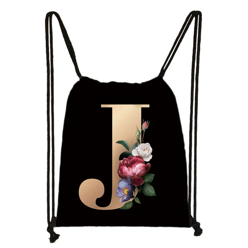 Floral Letters Backpack 26 Initials A-Z Women Shoulder Bags Bridesmaid Drawstring Bag Bridal Party Storage Bags Shoes Holder 
