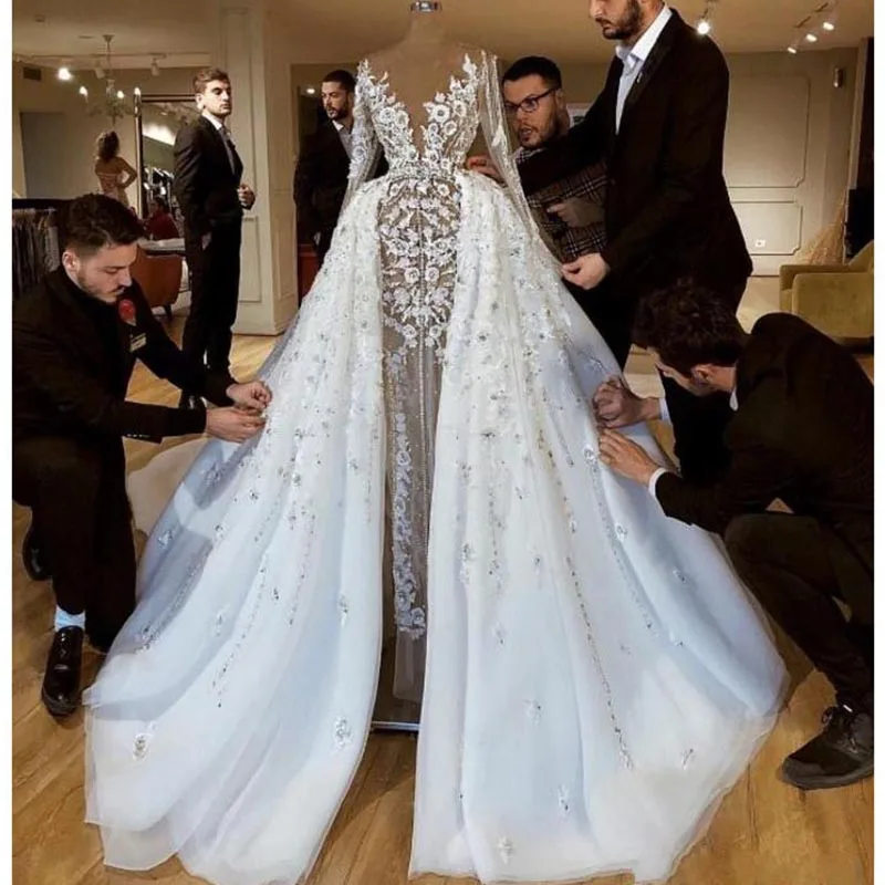 Vestido De Noiva Luruxy, Дубай, свадебное платье, съемная юбка, Сексуальная Иллюзия, длинные рукава, цветы, Аппликации, свадебные платья