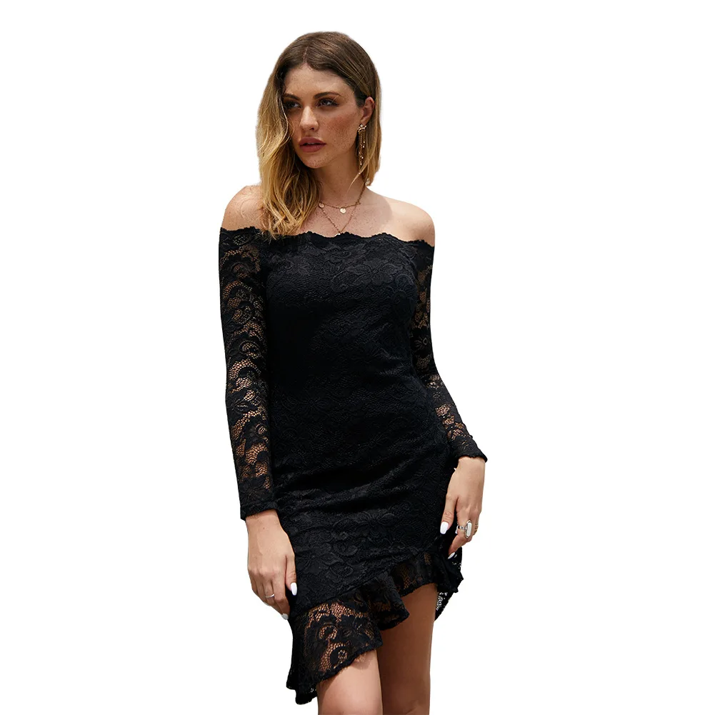 New products in autumn and winter of 2019 elegant dress dress with slim body and wrapped breast Lace Long Sleeve Dress