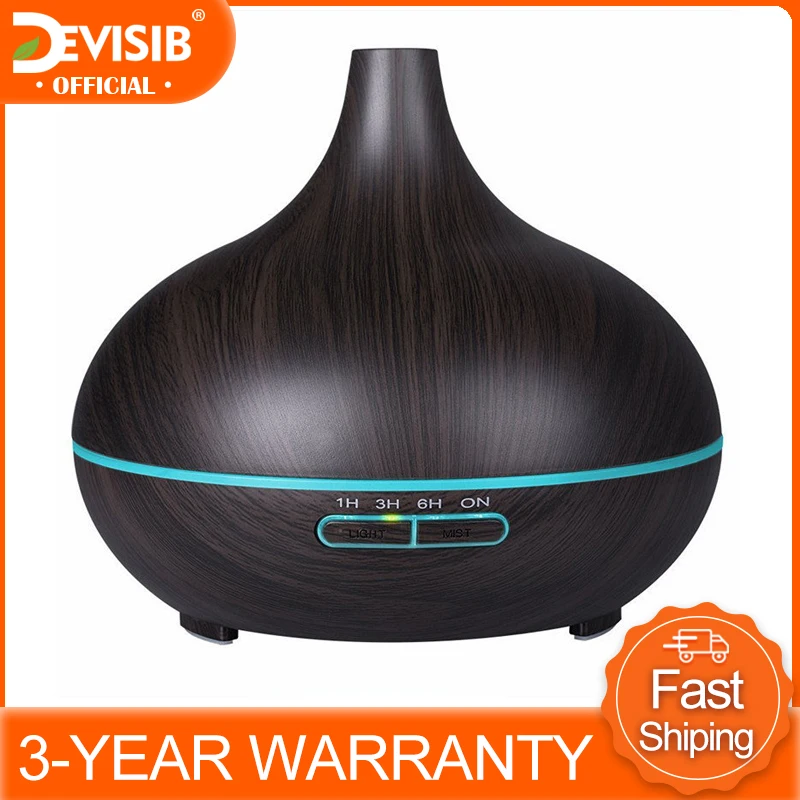 DEVISIB 300ml Aroma Essential Oil Diffuser Wood Grain Ultrasonic Cool Mist Humidifier 7 Color LED Light for Office Home Bedroom