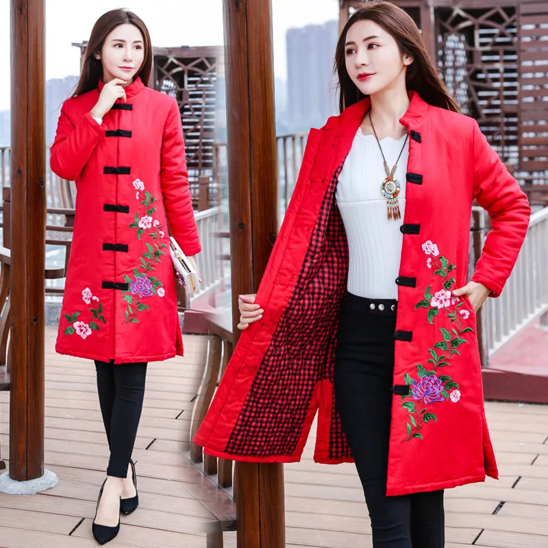 

Winter Cotton-padded Clothes Ethnic-Style Chinese Costume Embroidery Coat Thick Large Size Mid-length Middle-aged Women Dress Co