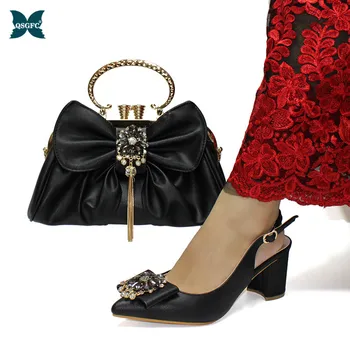 

Newest Italian design Ladies Shoes and Bags To Match Set Decorated with Rhinestone Ladies Shoes with High Heels in Black Color