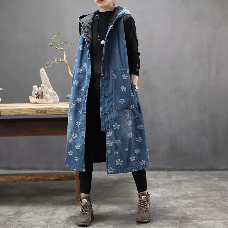 

Qi Juan Draw 19 Autumn And Winter New Style Ethnic-Style Printed Literature And Art Denim Waistcoat Mid-length Joint Slimming Co
