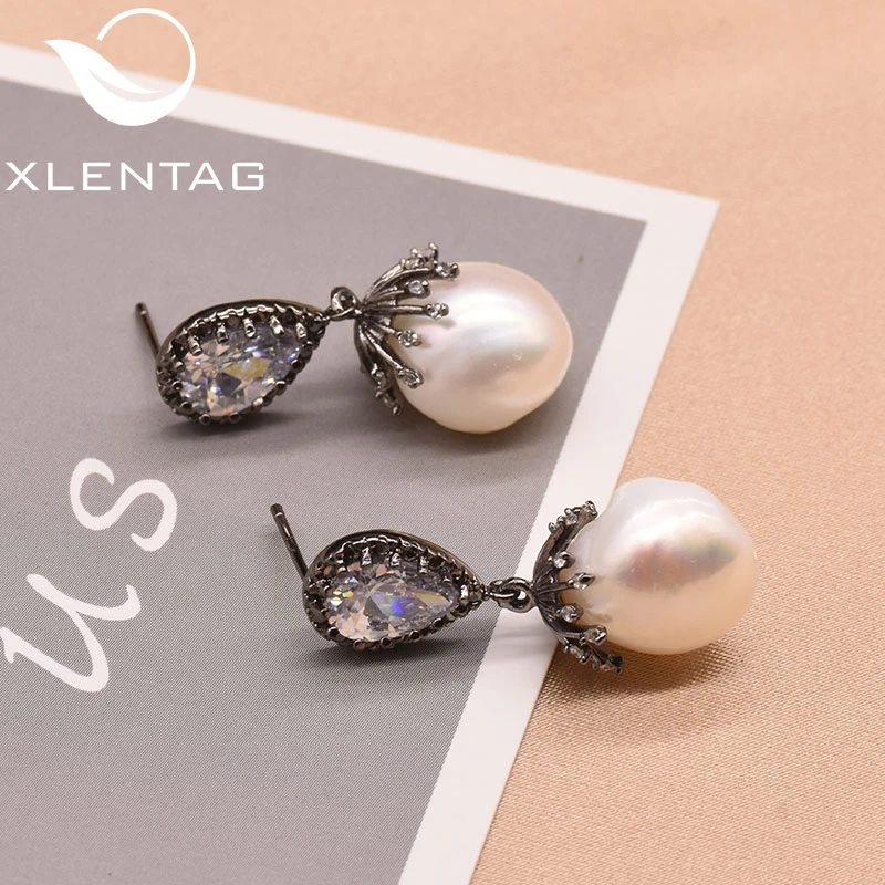 XlentAg 925 серебряные серьги-гвоздики с натуральным пресноводным жемчугом в стиле барокко для женщин, свадебные висячие серьги, хорошее ювелирное изделие GE0334