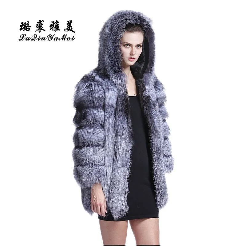 Высококачественное Женское пальто LM 2020 из лисьего меха, длинное теплое Женское пальто из натуральной кожи, пальто из лисьего меха с меховым капюшоном для зимы